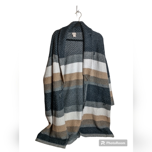 Chico's Multi Stripe Coatigan with safety pin closure, size 3/L/16 - Picture 1 of 14